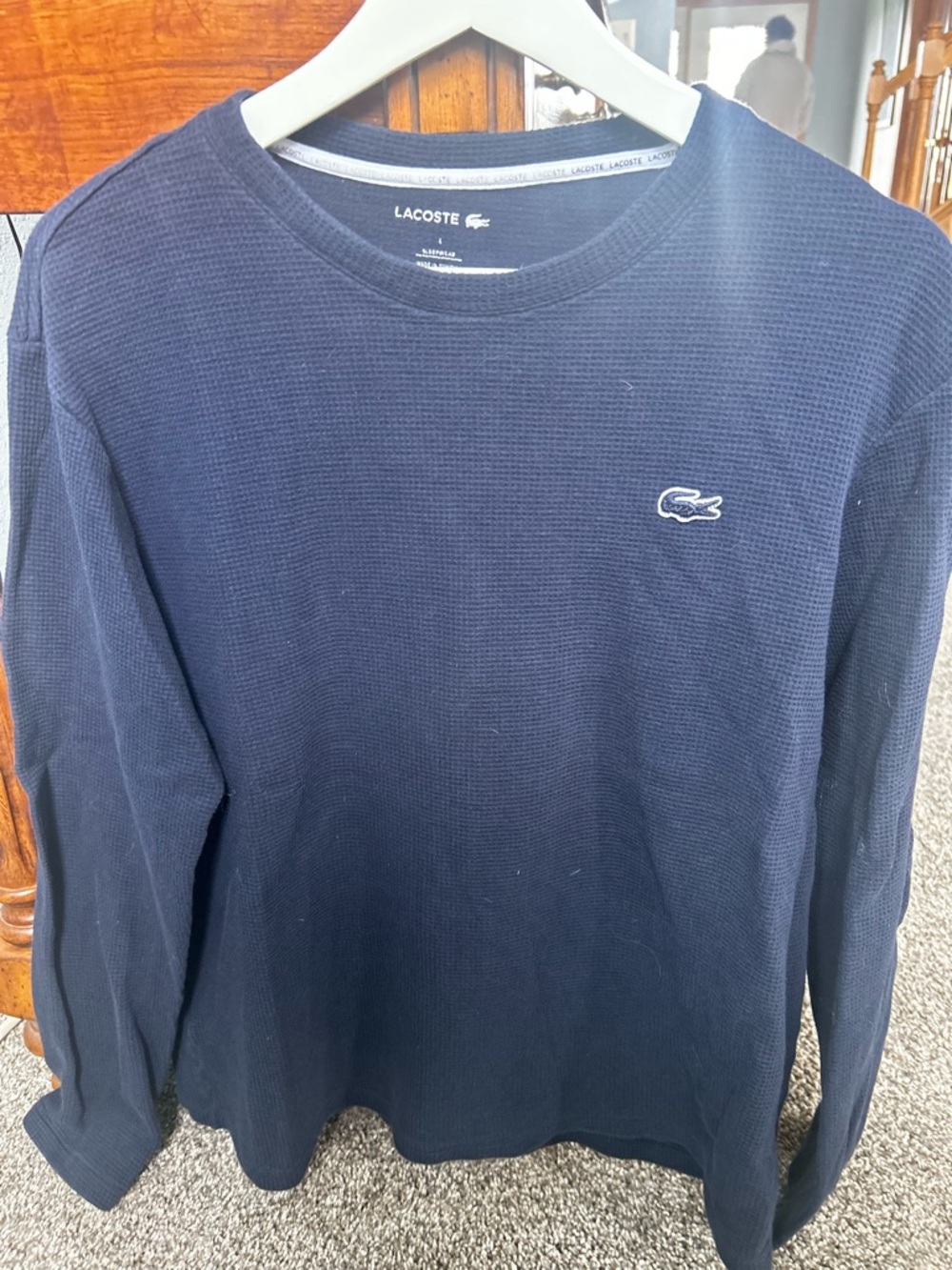 Lacoste Men’s Navy Waffle Knit Long Sleeve Crewneck Shirt Large